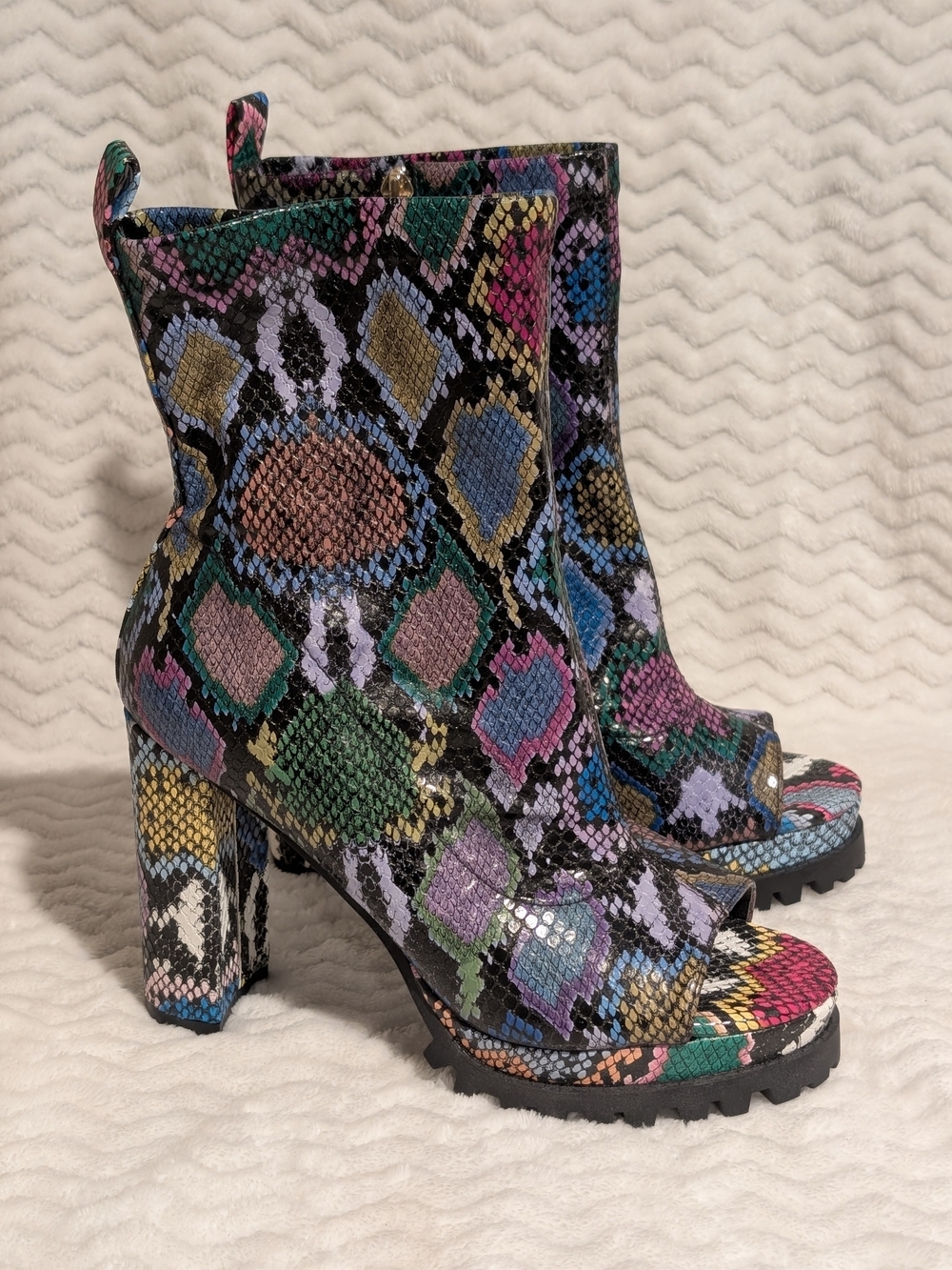 Multicolor Snake-Print Platform Ankle Boots